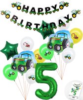 Cijfer ballon 5 jaar Trekker - Tractor Mega Pakket Inclusief Happy Birthday Slinger - Boer - Boerderij - Themafeest Ballonnenpakket - Groen - Helium Ballon - Snoes