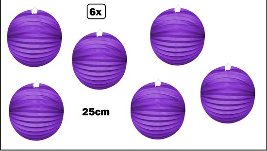 6x Lampion Paars 25cm - festival thema feest verjaardag party papier BBQ strand licht fun