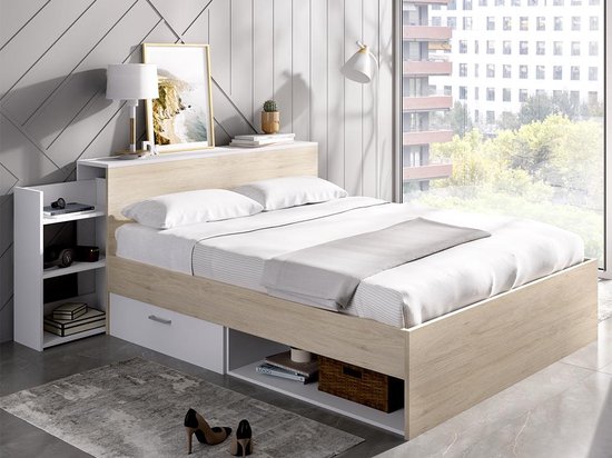 Niet verwacht Voorkeursbehandeling Bij Bed met hoofdeinde bed, opbergruimte en lades - 140 x 190 cm - Kleur: Wit  en naturel -... | bol.com