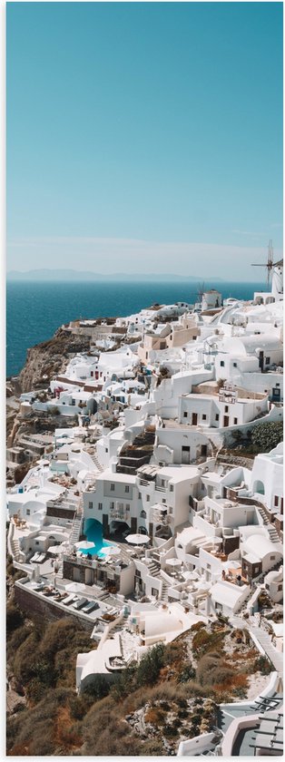Poster Glanzend – Witte Huisjes met Uitzicht op Zee - Santorini - 20x60 cm Foto op Posterpapier met Glanzende Afwerking