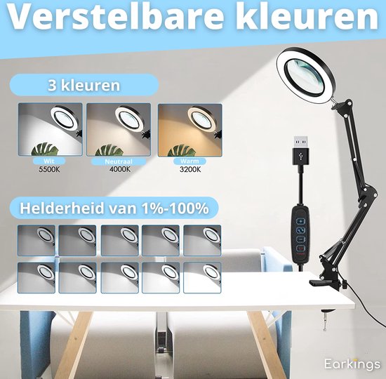 Loeplamp met LED-ringverlichting op een bureau, met instellingen voor 3 lichtkleuren (wit, neutraal, warm) en 10 helderheidsniveaus.