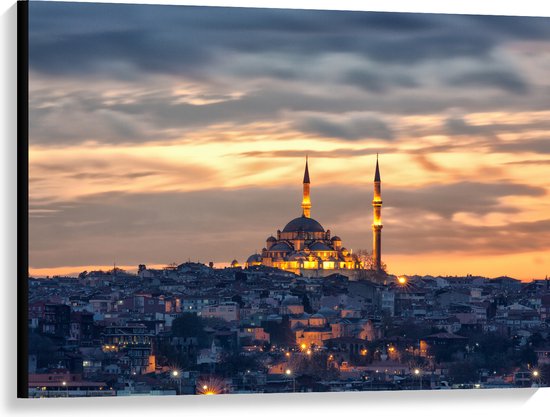 WallClassics - Canvas - Süleymaniye-Moskee op Begin van de Avond in Istanbul, Turkije - 100x75 cm Foto op Canvas Schilderij (Wanddecoratie op Canvas)