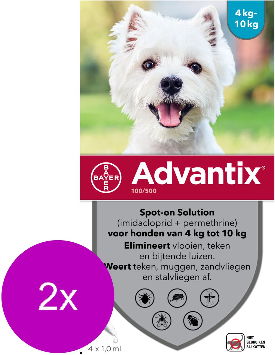 Bayer Advantix Vlooien & Teken Pipetten - Hond 4 tot 10kg - 2 x 4 stuks