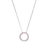 New Bling 9NB-1068 Zilveren Ketting met Zirkonia Hangertje Cirkel - 20mm Doorsnee - Roze Wit - 40+5cm - Rhodium - Zilver