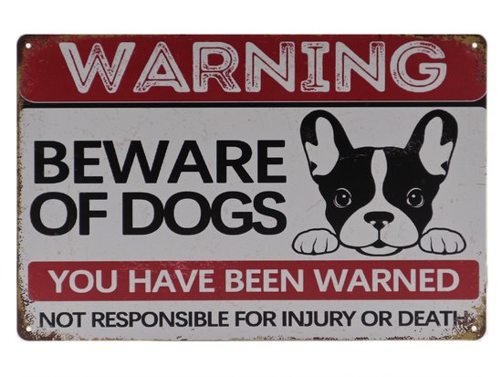 Wandbord – Mancave – Beware of the dogs - Honden - Pas op – Vintage - Retro - Wanddecoratie – Reclame bord – Restaurant – Kroeg - Bar – Cafe - Horeca – Metal Sign - Pin Up Girl - 20x30cm