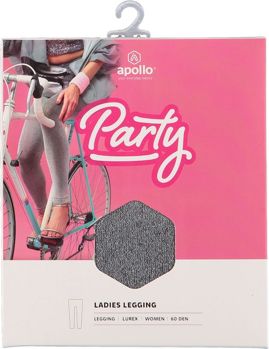 Verpakking van een dameslegging van Apollo, met de tekst 'Party', een model op een fiets en een glimmende legging.