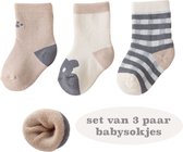 Set van 3 paar babysokjes grijs-lichtbruin - 0-6 maanden - fleece - warme sokjes - kraamcadeau