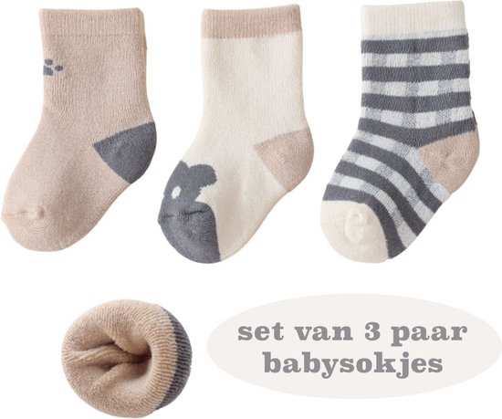 Set 3 paar babysokjes grijs-lichtbruin - Zacht katoen - Ideaal kraamcadeau - 0-6 maanden