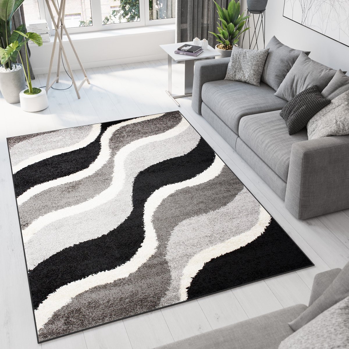 Tapiso Delhi Vloerkleed Grijs Zwart Golven Kleed Tapijt Maat- 60x100 Grijs Zwart Wit