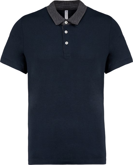 Heren Polo in twee kleuren Jersey Donkerblauw/ Donker Heather Grijs Kariban Collectie maat L