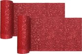 Santex Glitter Tafelloper smal op rol - 2x - rood - 18 x 500 cm - polyester