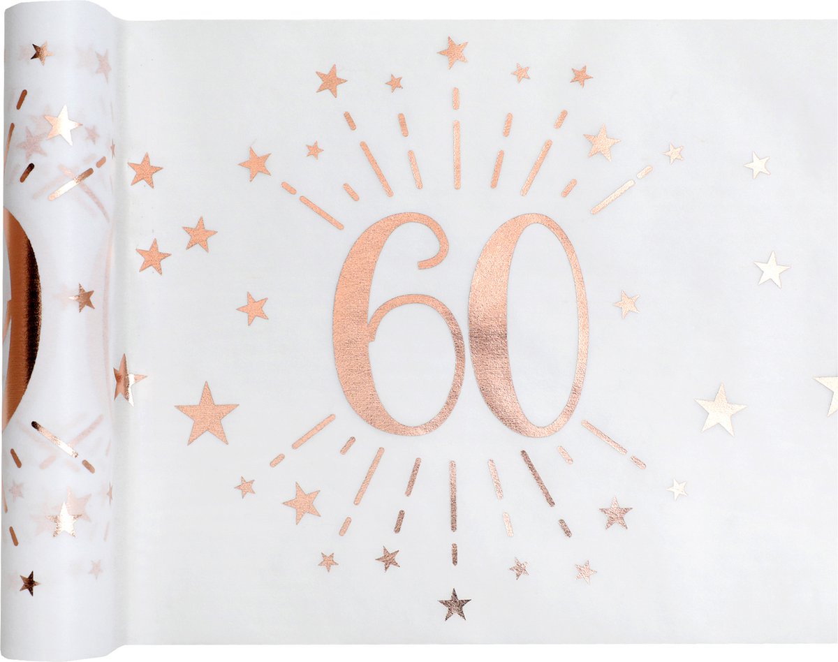 Santex Tafelloper op rol - 2x - 60 jaar verjaardag - polyester - wit/rose goud - 30 x 500 cm