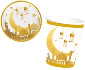 Eid Mubarak versiering - bordjes en bekers - 16 stuks - Wegwerp set - Goud, Beige - Ramadan, Offerfeest, Suikerfeest