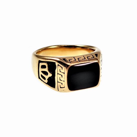 Ring Heren - Kroon Design - Verguld Roestvrij Staal - Zwarte Emaille Zegelring