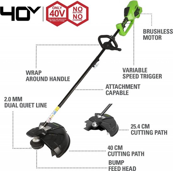 Greenworks accu trimmer en bosmaaier incl 2 accu's en lader GD40BCK2X van Greenworks — afbeelding 2