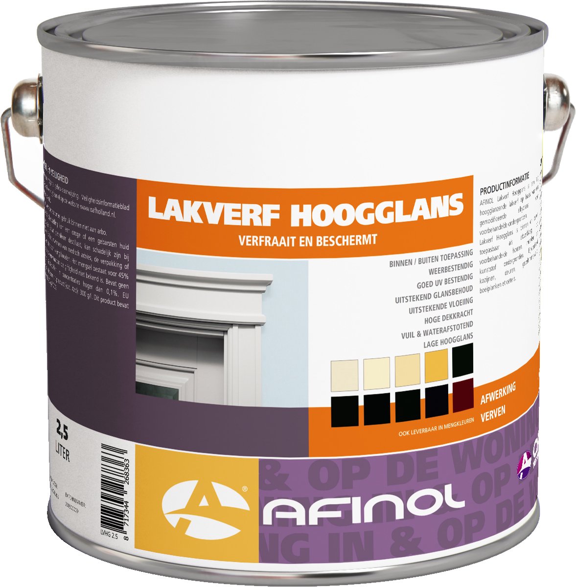 Afinol Hoogglans Lakverf Standaard Wit 2,5 liter - Lak - Houtlak - Houtverf - Voor Binnen en Buiten - geschikt voor hout, metaal en kunststof