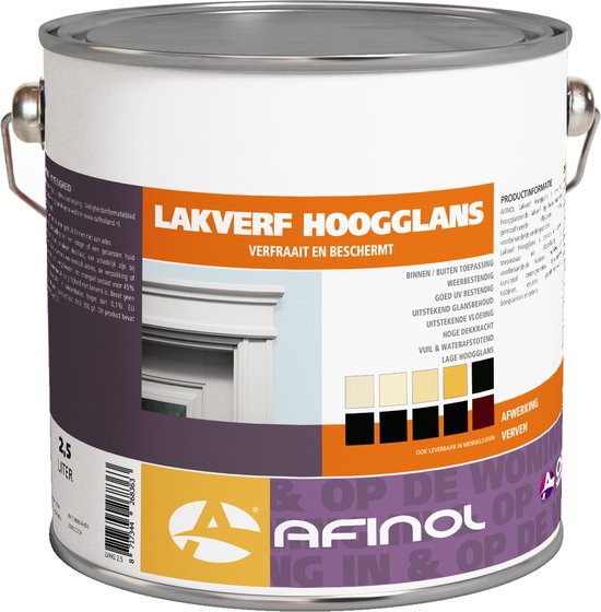 Blik Afinol Hoogglans Lakverf Verfraait en Beschermt, in diverse kleuren.