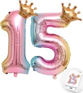 Cijfer Ballon nummer 15 - Prins - Prinses - Royal Rainbow - Ballon - Regenboog Unicorn Kleuren - Prinsessen Verjaardag