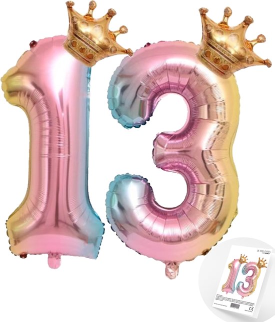 Cijfer Ballon nummer 13 - Prins - Prinses - Royal Rainbow - Ballon - Regenboog Unicorn Kleuren - Prinsessen Verjaardag