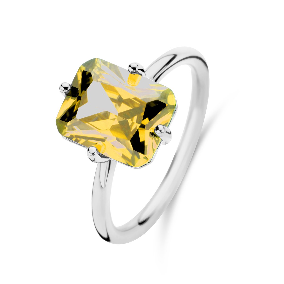 New Bling 9NB-1137-58 Zilveren Ring met Zirkonia Steen - Geel - 8x10mm - Rechthoek - Maat 58 - Rhodium - Zilver