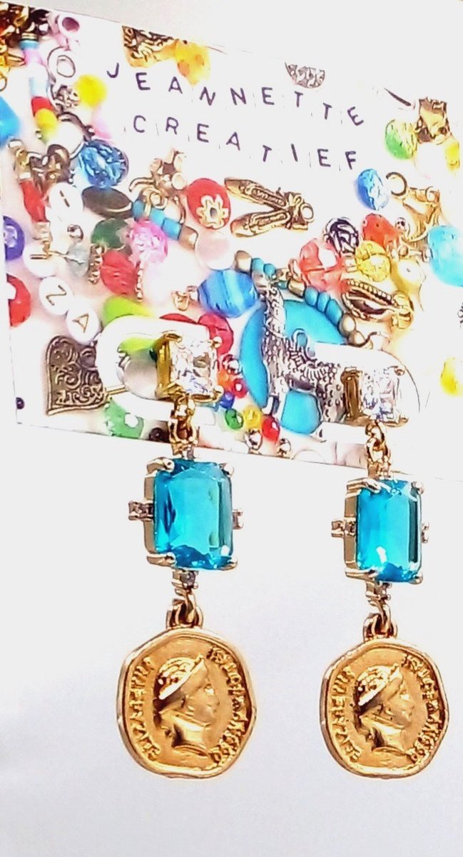 Jeannette-Creatief® - Chique - Turquoise oorbellen - Blauwe oorbellen - Crystal Glass - Blauw Glas - Zirkonia - Oorhangers - Oorbellen - Muntjes - Boho - Ibiza - Hippie - Bohemien - Festival - Oorringen - Gouden oorbellen - Goudkleurige oorbellen