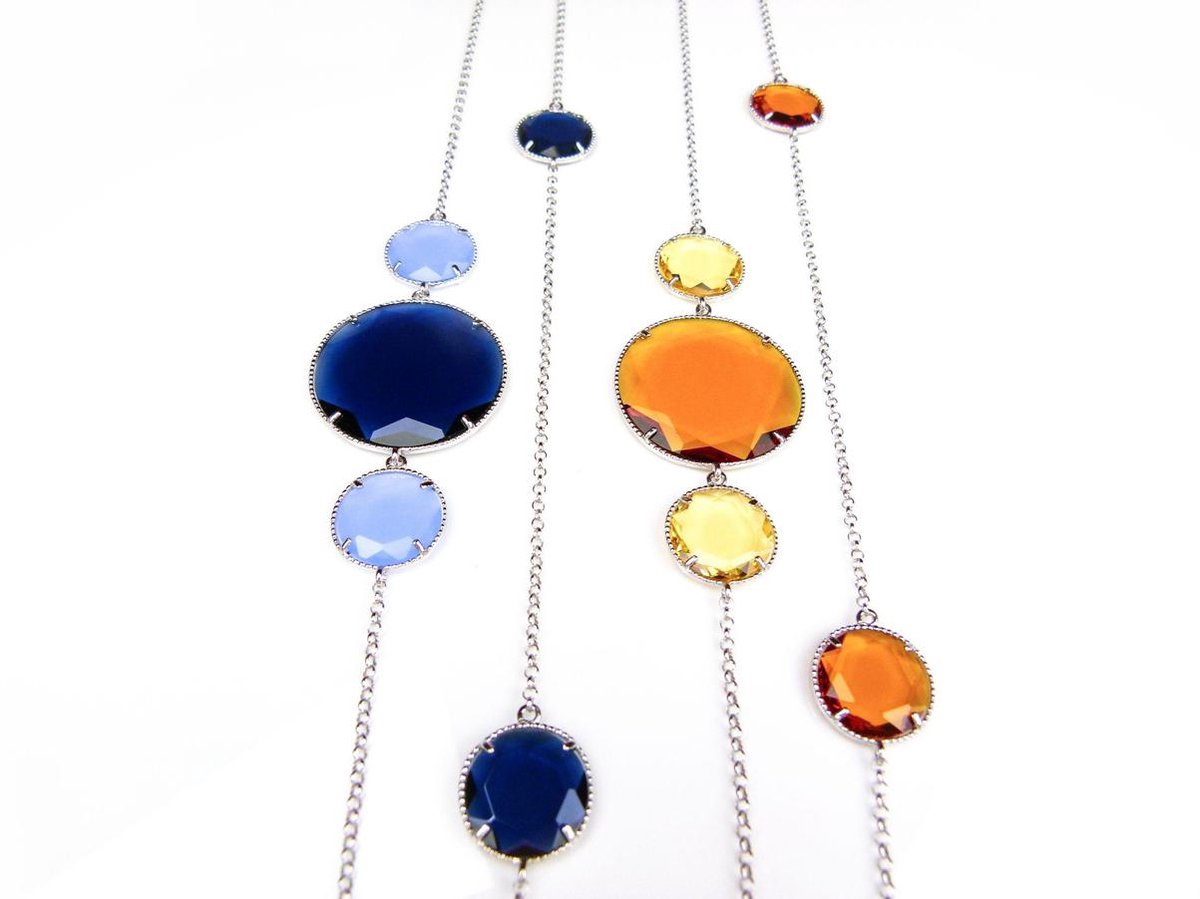 Lange zilveren collier halssnoer Model 2 Rounds gezet met gele en oranje stenen