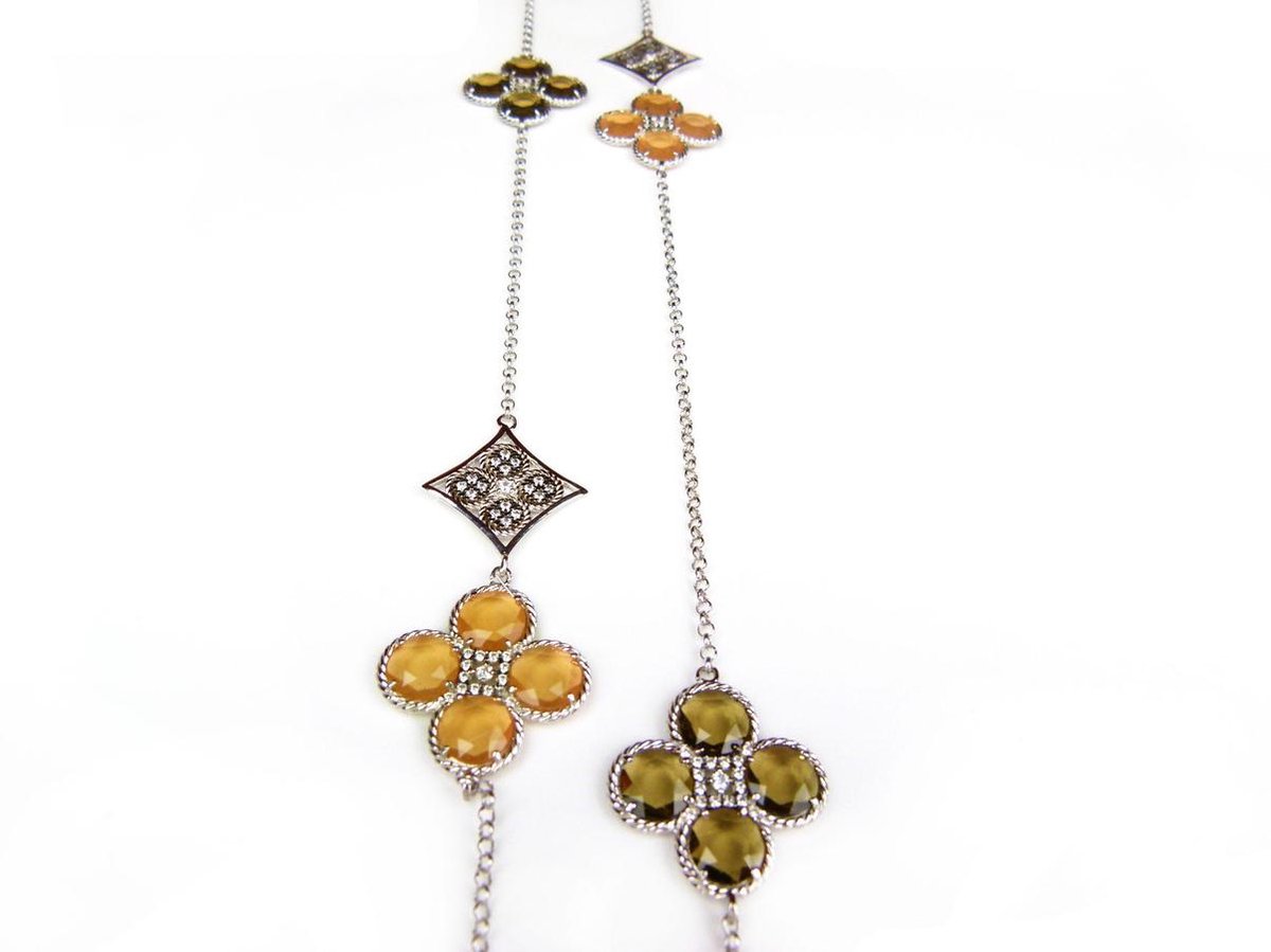 Lange zilveren collier halsketting Model Sugary Sweetness gezet met bruine stenen