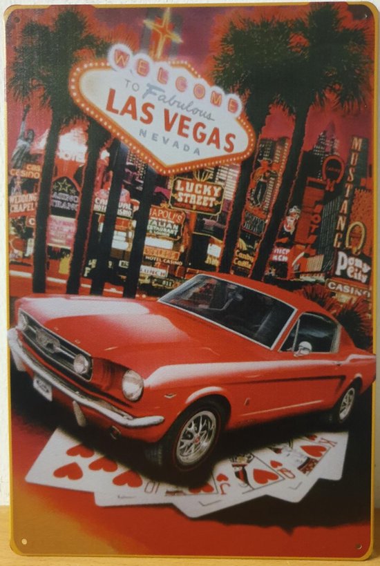 Ford Mustang Las Vegas Billboard en métal PANNEAU MÉTALLIQUE - PLAQUE MURALE - VINTAGE - RETRO - HORECA- PLAQUE - DÉCORATION MURALE - PANNEAU DE TEXTES - PLAQUE DÉCORATIVE - PUBLICITÉ - PLAQUE MURALE - CHÂTEAU - BAR-MANCAVE- PUB- CAVE CAVE