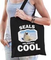 Dieren witte zeehond katoenen tasje volw + kind zwart - seals are cool boodschappentas/ gymtas / sporttas - cadeau zeehonden fan