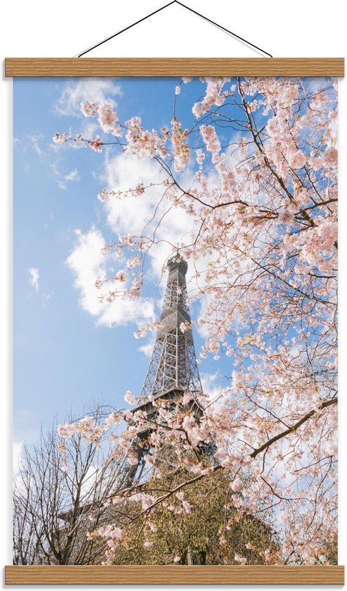 Schoolplaat – Eiffeltoren bij Bloesemboom, Parijs - 40x60cm Foto op Textielposter (Wanddecoratie op Schoolplaat)