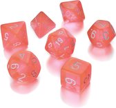 Polydice set - Polyhedral dobbelstenen set 7 delig | Set van 7 dice  | dungeons and dragons dnd dice | D&D Pathfinder RPG DnD | Oranje doorzichtig met lichte roze gloed / Orange transparent Pink