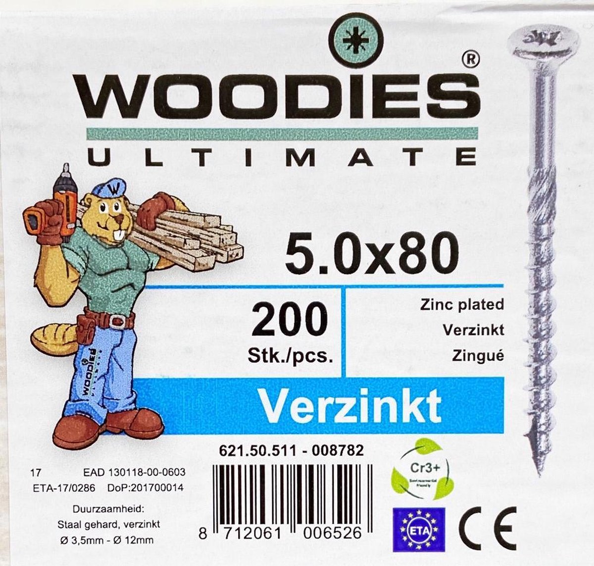 Woodies schroeven 5.0x80 verzinkt PZD 2 deeldraad 200 stuks - Woodies Ultimate
