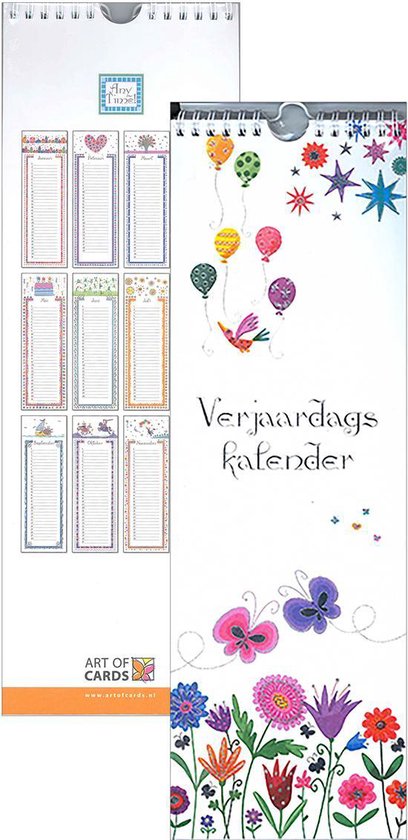 Verjaardagskalender met ballonnen, een vogel, vlinders en bloemen. De maanden januari t/m december zijn afgebeeld met kleurrijke versieringen.