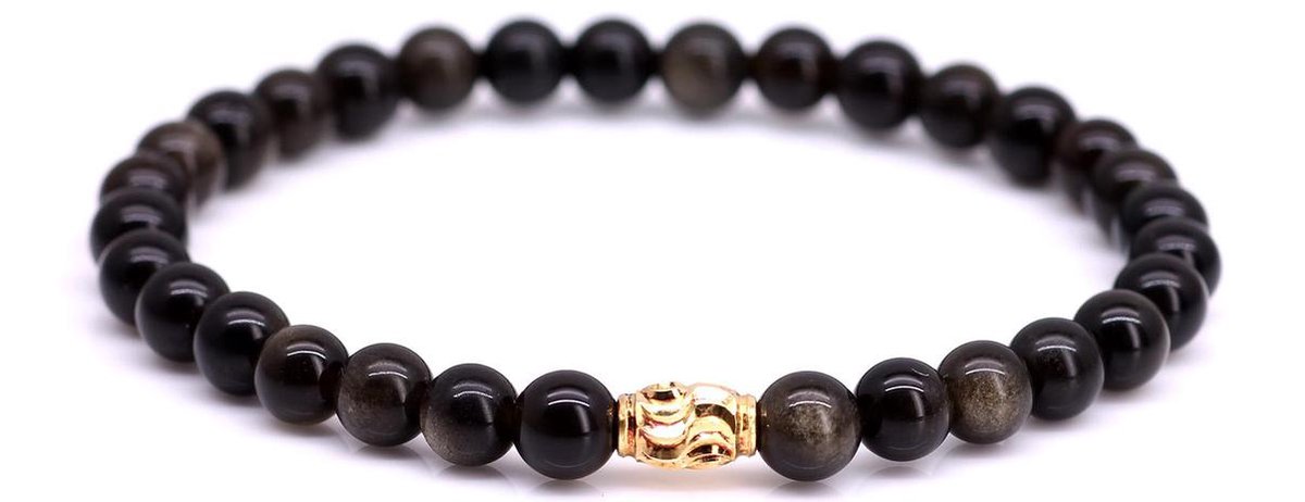FortunaBeads Premium Gold Sheen Obsidian Kralen Armband Heren – Zwart – Medium 18cm