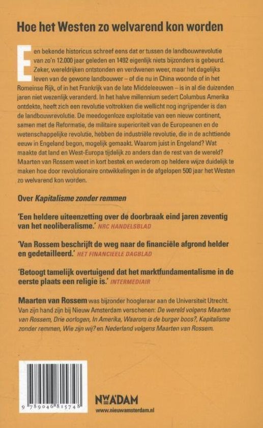 Achterkant van een boek met tekst over hoe het Westen welvarend kon worden, en citaten.