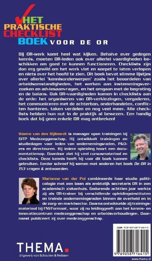 Achterflap 'Het Praktische Checklistboek Voor De OR' met foto's van de auteurs en uitgeversinformatie.