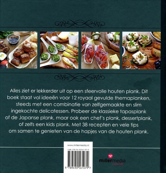 Boek 'Happen van de plank' met diverse tapasplanken, waaronder een chef's plank, dessertplank en kids plank.
