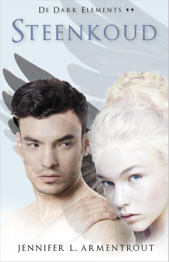 De Dark Elements Steenkoud: Close-up van een man met donker haar en een vrouw met blond haar en blauwe ogen, met vleugels op de achtergrond.