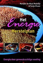 Boek "Het Energie Herstelplan" met op de voorpagina verschillende soorten granen en vier kleine afbeeldingen van maaltijden.