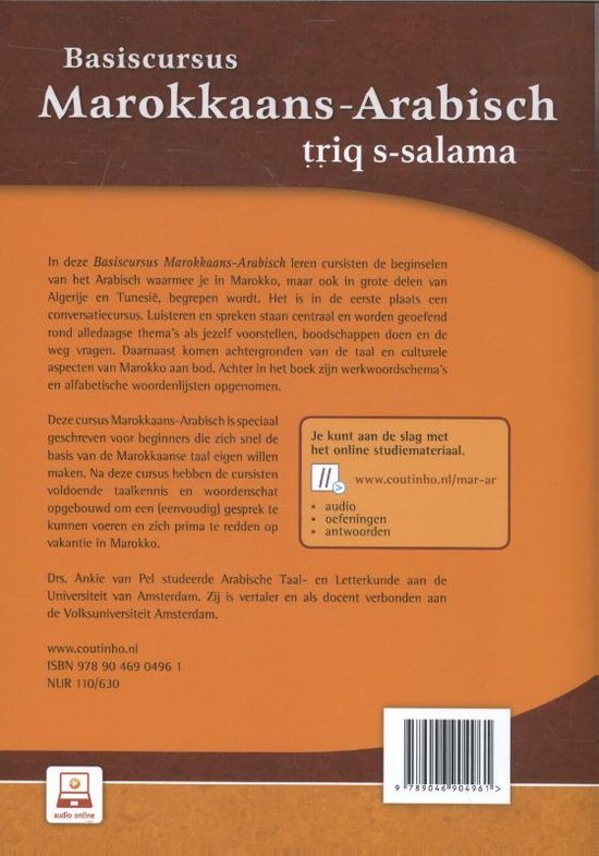 Achterkant boek 'Basiscursus Marokkaans-Arabisch triq s-salama' met tekst en ISBN.