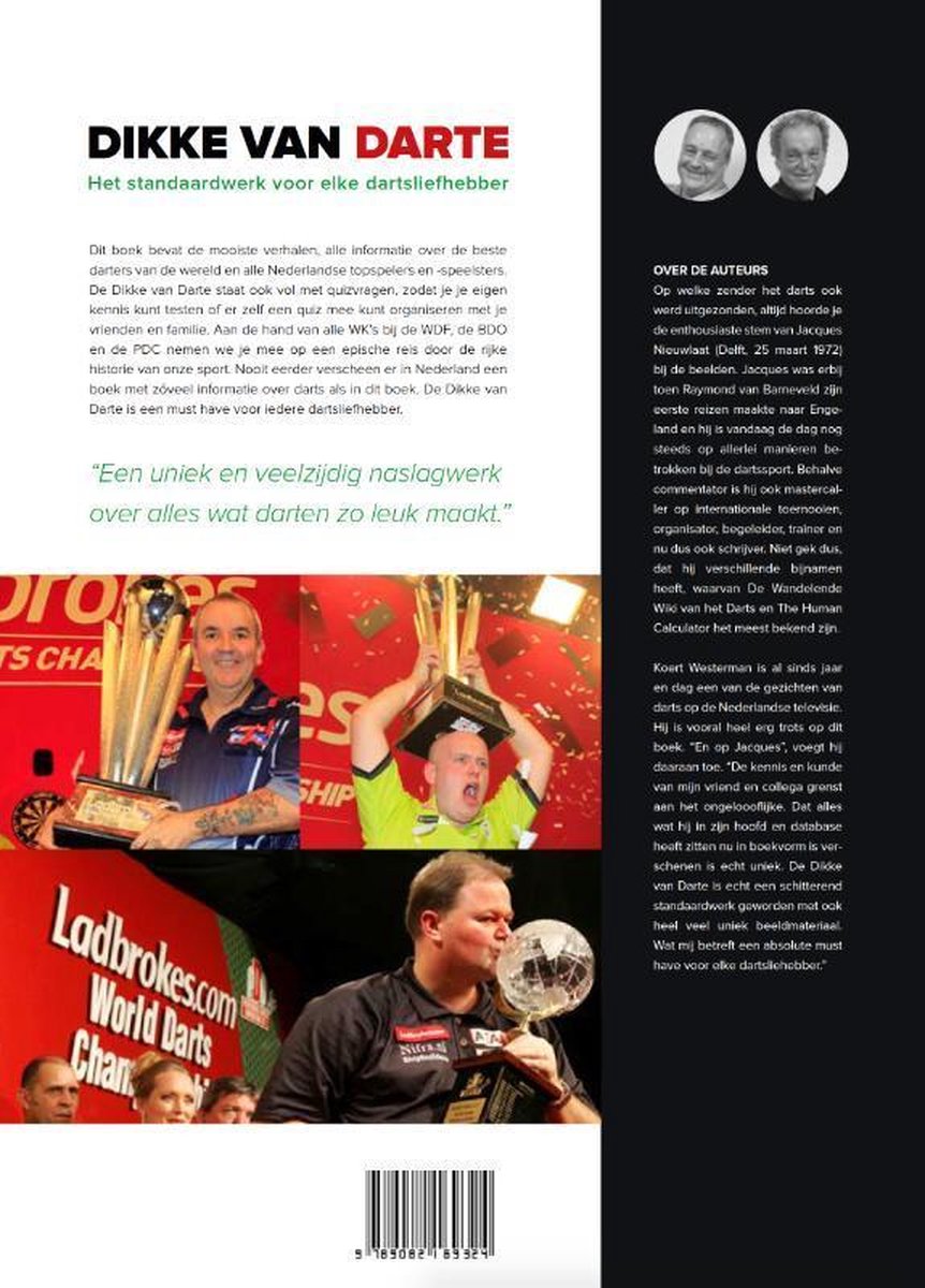 Een boek over darten met afbeeldingen van winnaars met hun trofeeën, onder de titel "Dikke van Darte".