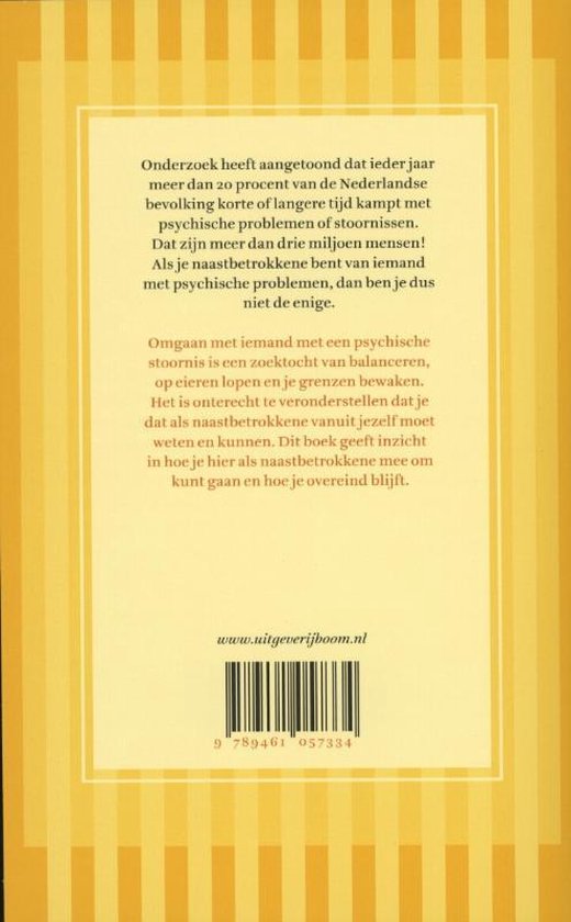 Achterkant van een boek met gele en oranje banen. De tekst beschrijft onderzoek naar psychische problemen en hoe het boek inzicht geeft aan naasten.