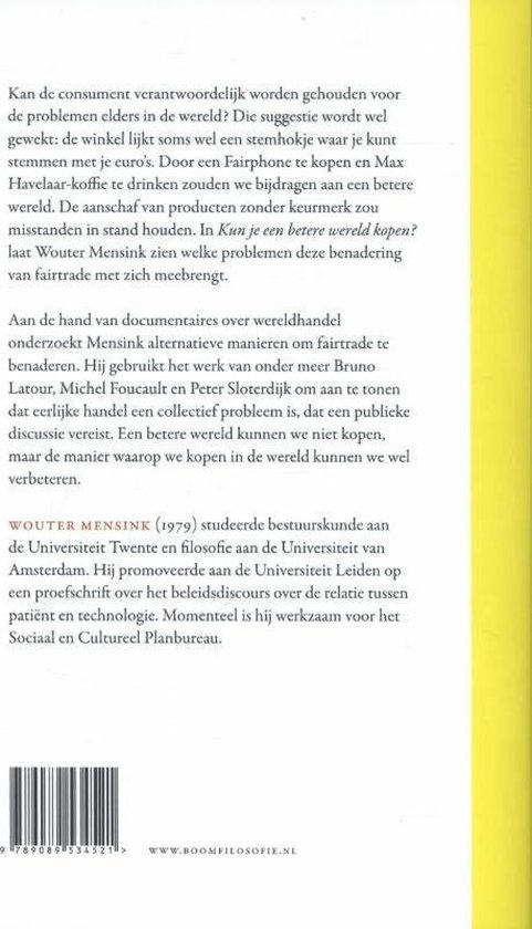 Achterkant van een boek met tekst over de auteur en fairtrade.