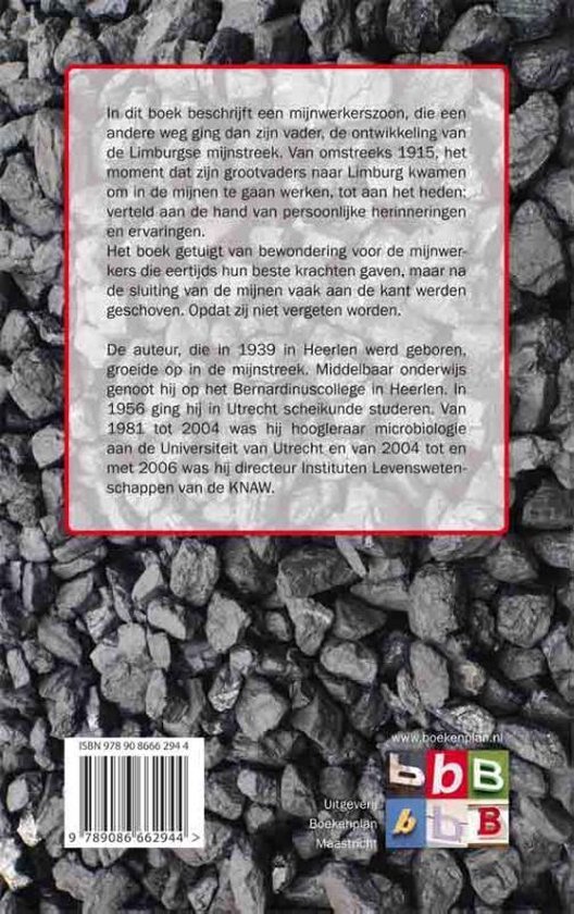 Boekcover met tekst over mijngeschiedenis en de auteur. Achtergrond van steenkool.