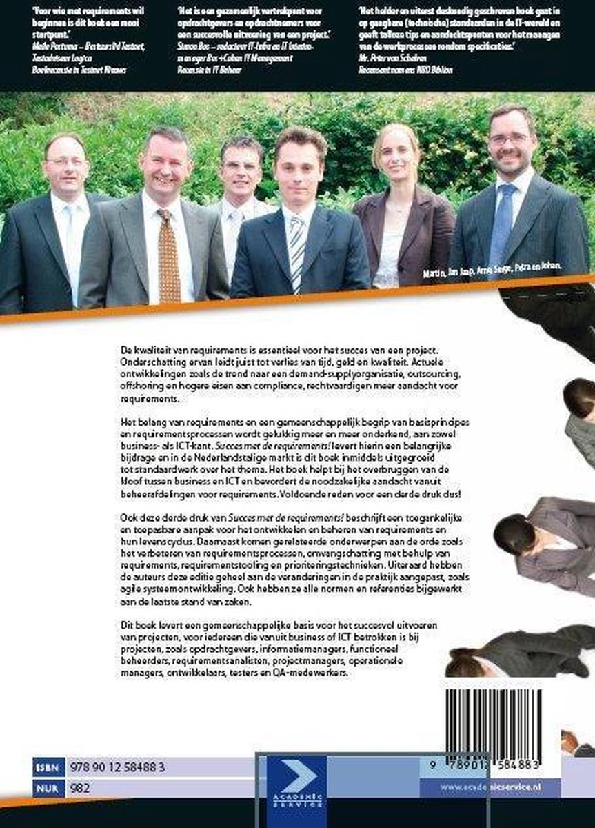 Achterkant boek 'Succes met requirements!' met foto van zes lachende personen in nette kleding en tekst over requirements.