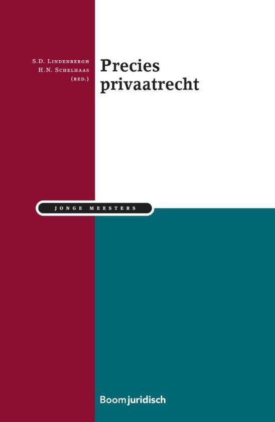 Boek 'Precies privaatrecht' met rode en teal vlakken. Titel bovenaan, auteurs linksonder.