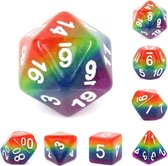 Polyset Dice | Dobbelstenen - Set Van 7 Stuks - Regenboog Rood Oranje Geel Groen Blauw Paars Transparant Glitters Wit| Voor D&D en Andere Rollenspellen | Plastic Dobbelstenen Set v