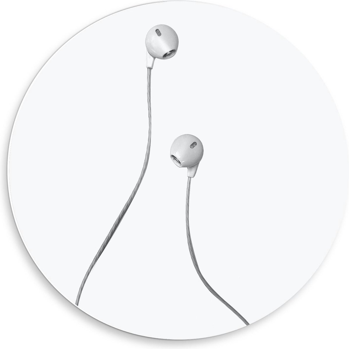Forex Wandcirkel - Witte Oortjes met Snoer op Witte Achtergrond - 50x50cm Foto op Wandcirkel (met ophangsysteem)