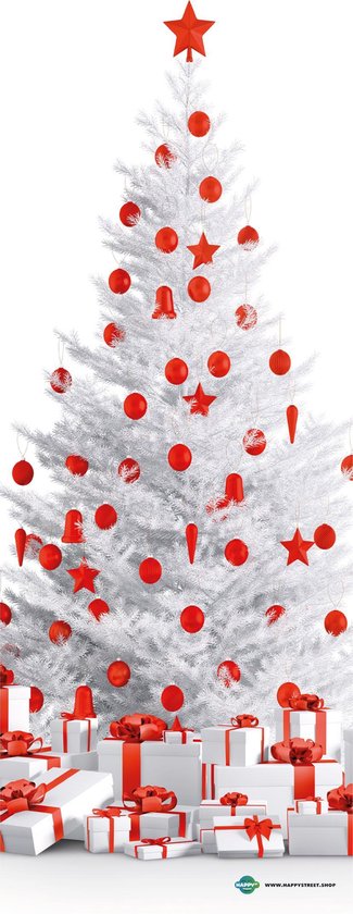 Deurprint Kerstboom wit met rode ballen 70x190