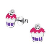 Oorbellen zilveren cupcake roze-paars met kers